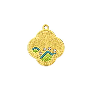 Ciondolo paesaggio cinese in acciaio inossidabile dorato smalto strass accessorio gioielli.