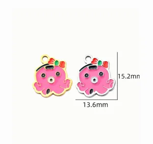 Stainless steel pink octopus charm detail view, cute cartoon pendant close up for DIY jewelry.