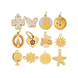 Stainless Steel Gold Plated Vintage Geometric Flower Pendant DIY Jewelry Making Charms Minimalist Globe Star Butterfly Rhinestone Pendants For Necklace Bracelet Accessory