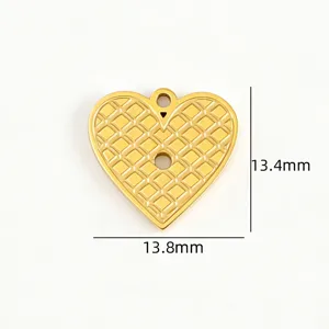 Gold Waffle Embossed Heart Titanium Steel Pendant DIY Jewelry Accessory Size 13.4mm