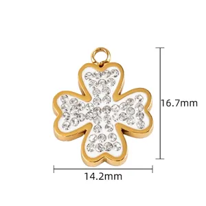 Golden four leaf clover rhinestone pendant DIY titanium steel jewelry making charm accessory