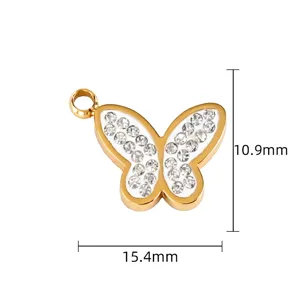 Gold butterfly charm detail view, rhinestone inlay, compact DIY jewelry pendant accessory.