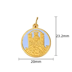 Gold enamel pendant detail shot showing intricate relief design and dimensions 20x23.2mm.