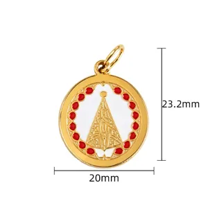 Gold round pendant with red white enamel and clear dimension marks for DIY jewelry making.