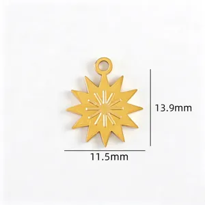 Gold star charm detail view, geometric sun pendant, titanium steel DIY jewelry accessory.