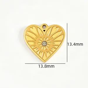 Gold embossed heart pendant 13.4x13.8mm stainless steel DIY jewelry accessory charm.