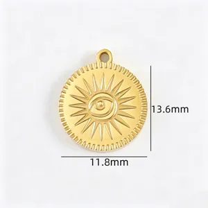 Detailed view of gold titanium steel sun evil eye pendant, compact jewelry accessory for DIY.