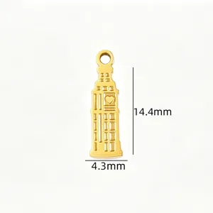 Gold Big Ben tower pendant detail showing height 14.4mm and width 4.3mm for DIY jewelry making.