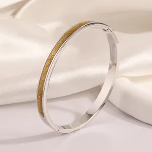 Gros plan detaille du bracelet jonc en acier inoxydable paillete avec une belle finition.