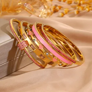 Edler Edelstahl Armreif Set mit rosa Zirkonia, stilvoller Luxus Modeschmuck für modebewusste Damen.