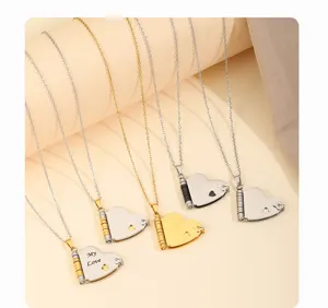 Stainless steel heart letter locket necklace for women, elegant couple jewelry gift design.