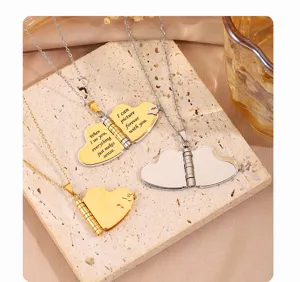 Stainless steel heart locket necklace, elegant engraved love letter pendant for women.