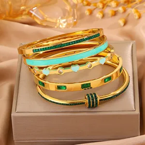 Luxuriöses Titanstahl Armband Set mit grünen Kristallen und Emaille für Damen Modeschmuck