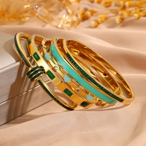 Edelstahl grüne Kristall Armreif Armband Set Luxus Mode Schmuck für Frauen chic style