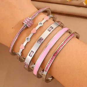 Edelstahl rosa Kristall Manschette Armband Set, modischer gestapelter Armschmuck für Damen.