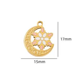 Gouden maan bloem geëmailleerde hanger DIY sieraden accessoire, 15x17mm bedel voor ketting armband.