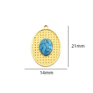Edelstahl Gold Oval Anhänger mit blauem Türkis Stein Detail 21x14mm DIY Schmuck