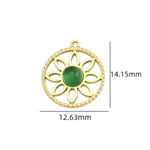 Edelstahl Gold Anhänger mit grünem Stein, DIY Schmuck Accessoire, Größe 14x12mm.