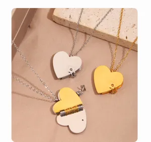 Titanium steel heart book locket necklace for women, opening couple pendant jewelry gift.