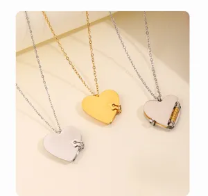 Heart locket pendant detail, titanium steel openable book necklace for women and couples style.