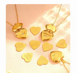 Gold heart envelope locket necklace set with interchangeable message love cards for women.