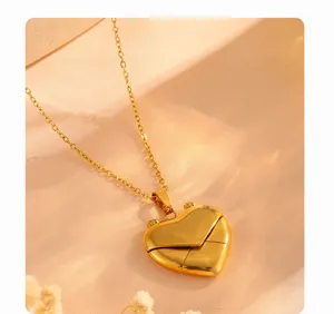 Gold heart envelope locket necklace for women, elegant titanium steel clavicle chain.