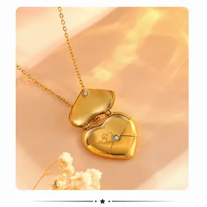 Gold heart envelope locket necklace openable titanium steel chain detail shot for women