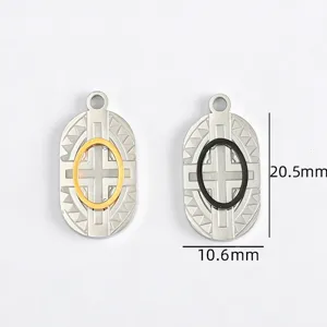 Stainless steel cross oval pendant detail showing dimensions and geometric texture for jewelry making.