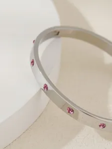 Bracciale rigido in acciaio al titanio argentato con pietre rosa scintillanti per donne.