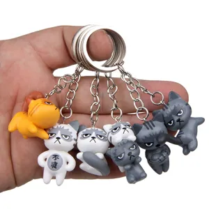 Detailansicht des niedlichen griesgrämigen Katzen-Schlüsselanhänger-Sets mit Metallringen.