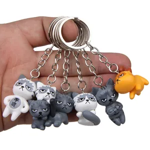 Süßes grimmiges Katzen Schlüsselanhänger Set mit sechs witzigen Cartoon Figuren für Taschen.