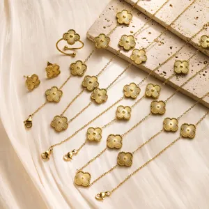 Stainless Steel Gold Clover Necklace Earrings Ring Jewelry Set For Women Textured Four-Leaf Flower Pendant Minimalist Jewelry