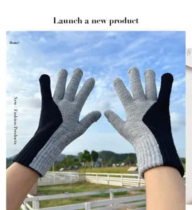 Detailed view of Japanese retro color-block knit gloves in black and grey for daily wear.