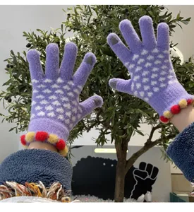 Winter warm touch screen knitted gloves for women, cute heart pattern with colorful pom poms.