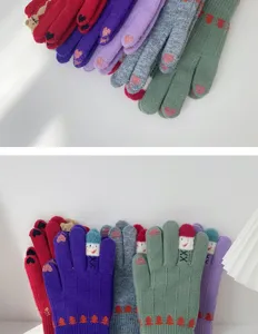 Winter cute knitted touch screen gloves for women, thick warm wool mittens with sweet patterns.
