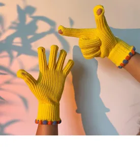 Cute yellow knit touchscreen gloves for women, stylish winter warm half-finger gloves accessory.