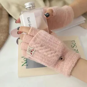 Women knit half-finger flip gloves winter warm cute wool touch screen cozy pink hand wear detail