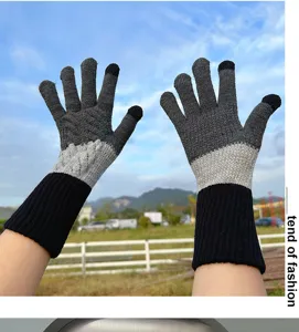 Color-block knit gloves for women, warm winter touch screen gloves, cute split-finger design.