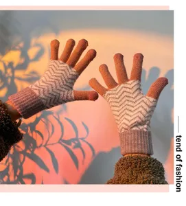 Detailed close-up view of winter thermal knit touch screen gloves featuring stylish zigzag pattern.