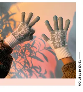 Gants tactiles en tricot vue détaillée, gants d'hiver chauds et épais avec motif flocon.