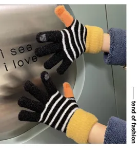 Winter warm couple gloves with colorblock stripes and touch screen fingertips for cold weather.