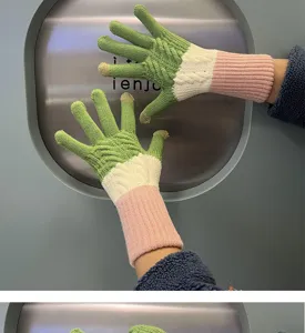 Women winter warm touch screen knit gloves color block cable knit wool gloves outdoor riding