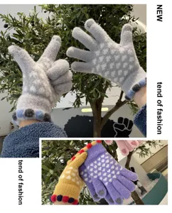 Winter warm touchscreen knit gloves for women, cute dot pattern with plush balls.