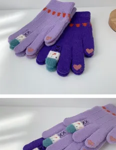 Cute winter knitted touch screen gloves with plush thick warm design for women students.