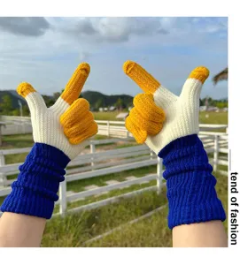 Colorblock knit touchscreen gloves with cute design for warm winter daily wear detail.
