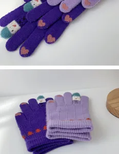 Purple knitted touch screen gloves for women with cute heart and cartoon face patterns warm.
