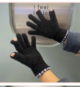 Women winter warm mink cashmere knitted fingerless gloves with cute dot cuffs detail.