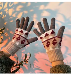 Cozy knit touch screen winter gloves with retro geometric triangle pattern for daily warmth.