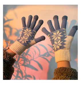 Vue détaillée de gants en tricot d'hiver tactiles avec motif flocon de neige chaud.
