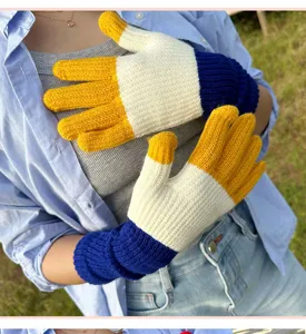 Colorblock knitted wool touchscreen gloves for women winter warm long split finger